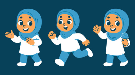Little Girl In Hijab Vector Set Different Poses Movement
