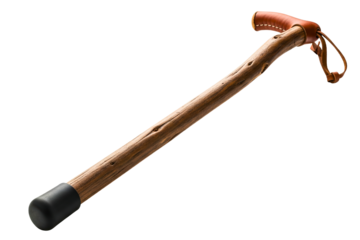 Wooden hiking walking stick with leather strap and rubber tip isolated with transparent background