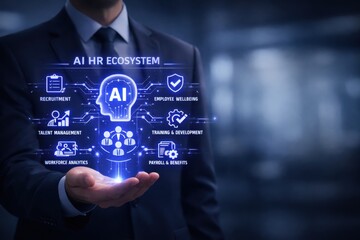 Business strategist presenting ai hr ecosystem hologram in clean minimalist tech environment with blue violet glow