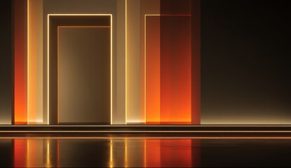 Abstract geometric design with glowing lines and a reflective surface