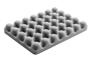 Grey acoustic foam panel with egg crate texture for soundproofing isolated with transparent background