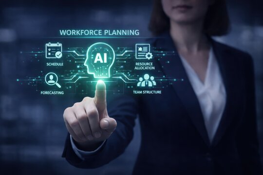 Business woman using ai workforce planning ui office environment digital interaction minimalist design blurred focus