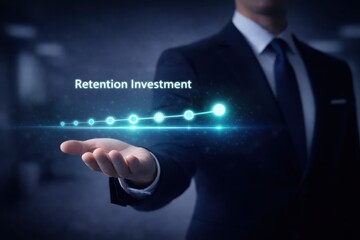 Fototapeta premium Corporate strategist man in suit presenting retention investment timeline in office environment minimal glowing progression viewpoint