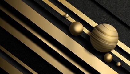 Abstract geometric design with gold stripes and spheres on black background