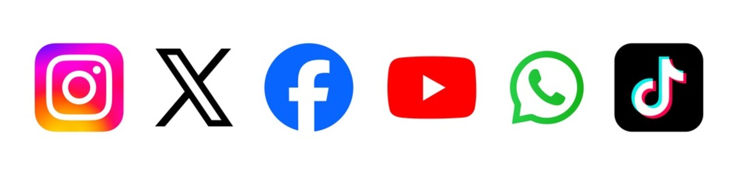 Social Media Network logo icons 2026. Instagram, X (Twitter), Facebook, YouTube play button, WhatsApp, TikTok. transparent png