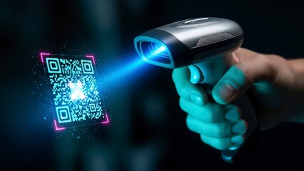 Hand holding laser barcode scanner reading glowing QR code in dark
