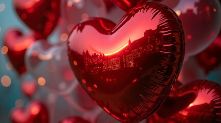 Abstract Macro of Red Heart Balloon Surface Reflecting Cityscape