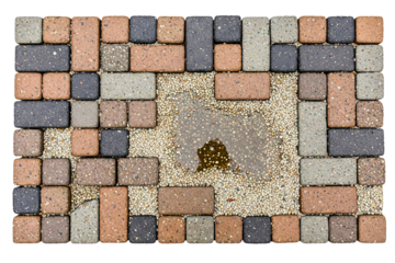 Overhead view of colorful stone paver bricks and sand isolated with transparent background
