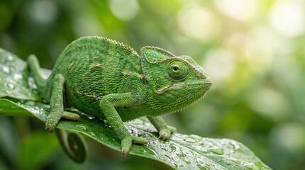Obraz premium Green chameleon resting on a branch in natural outdoor environment 