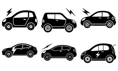 Six Electric Car Silhouettes with Lightning Symbols on White Background black silhouette