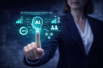 Obraz premium Hr strategist woman in tailored suit interacting with hologram on retention investment roi in ai-driven people strategy