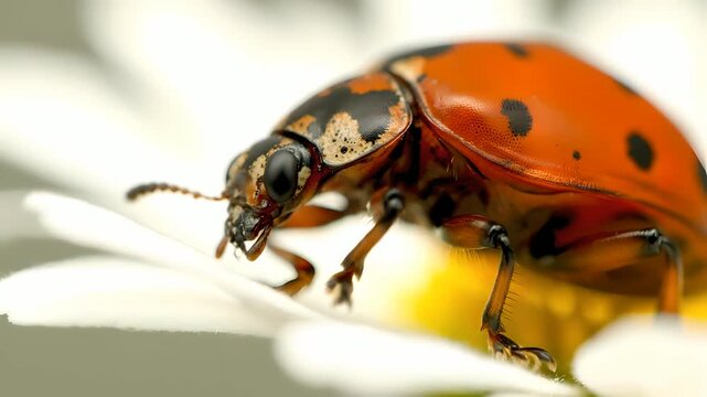 Ladybug beetle on white daisy flower, macro close-up of the insect's head and antennae, showcasing intricate details. Perfect for nature documentaries, educational biology content, gardening themes,