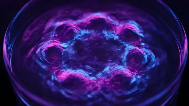 Abstract fluid patterns in neon purple and blue swirling dynamically, creating mesmerizing waves. Ideal for tech backgrounds, scientific visualizations, music video visualizers,