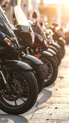 Motorcycles Parked in a Row - A Close-Up View of Urban Transportation.