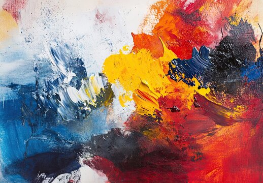 Vibrant abstract expressionist painting with bold strokes of red, yellow, blue and white - Powered by Adobe