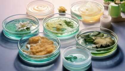Petri Dishes with Various Cultures and Solutions in a Lab Setting.