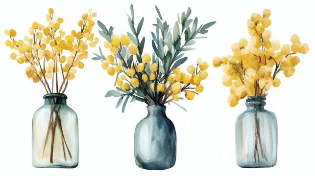 Watercolor illustration. A bouquet of spring Mimosa flowers in a transparent vase on a white background.