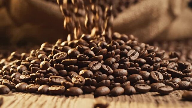 Roasted coffee beans spilling from burlap sack