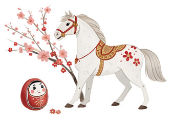 Japanese New Year Horse Sakura Matryoshka Illustration Japanese, NewYear, Horse, Sakura, CherryBlossom, Matryoshka, Daruma, Oriental, Festive, Luck, Fortune, Tradition, Asia, Winter, Spring, Kimono,