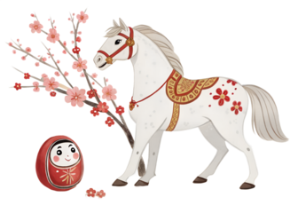 Japanese New Year Horse Sakura Matryoshka Illustration Japanese, NewYear, Horse, Sakura, CherryBlossom, Matryoshka, Daruma, Oriental, Festive, Luck, Fortune, Tradition, Asia, Winter, Spring, Kimono,