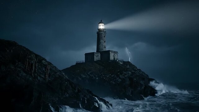 Lighthouse beam cuts through a dark, stormy night as lightning flashes over crashing ocean waves against a rocky cliff. A symbol of resilience, guidance, and power in adverse weather conditions.