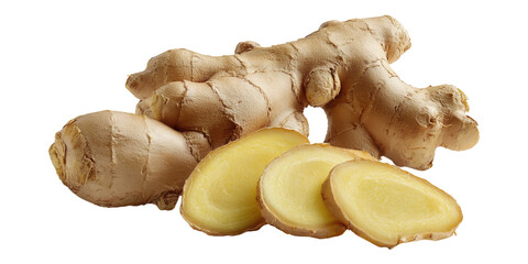 Fresh Ginger Root and Slices isolated on a transparent background