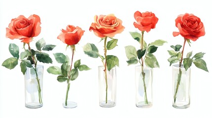 Obraz premium Watercolor illustration material set of red roses in a glass vase
