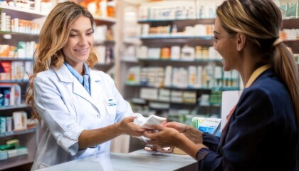 Pharmacist assisting customer with medication purchase in pharmacy.