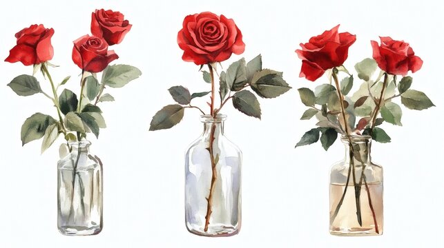 Watercolor illustration material set of red roses in a glass vase