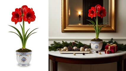 Vibrant red amaryllis plant in decorative pot displayed indoors with festive holiday decorations
