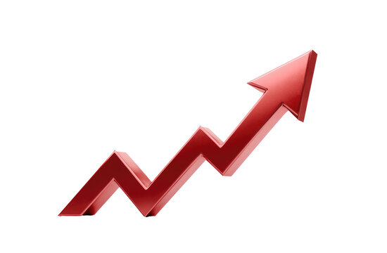 Red ascending graph icon.  A 3D red upward-pointing arrow with a zig-zagging line below it.  Vibrant and dynamic, suggesting growth or progress