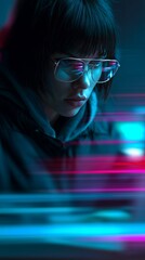 Young female coder wearing reflective glasses in dark, neon blue ambient lighting with bright magenta motion trails, concept for cyberpunk media, digital security and technology development