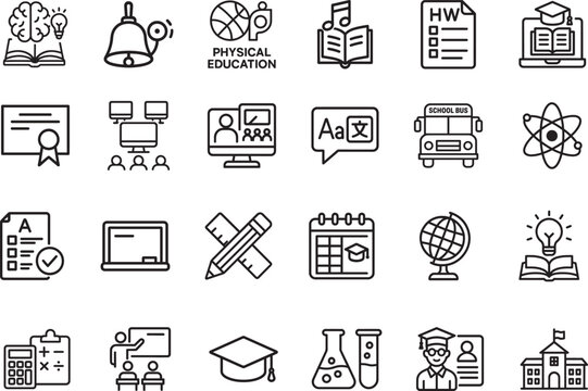   School web icon set in linear style with education, learning, science, students and online study icons.