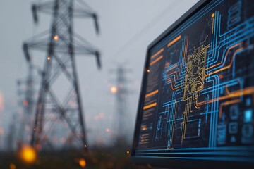 Digital screen displaying glowing circuit board diagrams against blurry industrial power pylons, concept for electrical grid maintenance, energy data analysis and infrastructure security