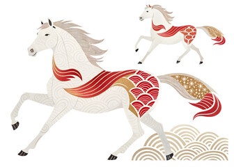 White Horse Pine Bonsai Red Berry Gold Spots Japanese Lucky Figurine Statue Ornament horse, whitehorse, bonsai, pine, redberry, goldspots, japanese, figurine, statue, ornament, luckyhorse, auspicious