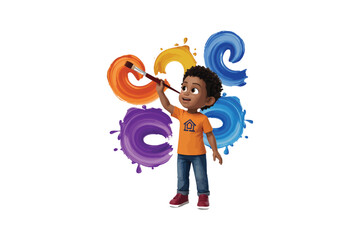 A young boy painting colorful swirls with a large brush child paint