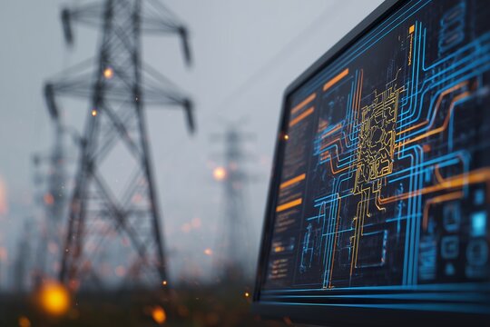 Digital screen displaying glowing circuit board diagrams against blurry industrial power pylons, concept for electrical grid maintenance, energy data analysis and infrastructure security