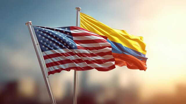 Celebrating unity usa and colombian flags flying together at sunset outdoor event scenic view cultural connection