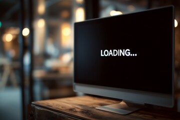 Desktop monitor displays "LOADING..." message on screen, resting on a wooden desk with soft warm bokeh in the background, concept for system errors, network delay and processing issues