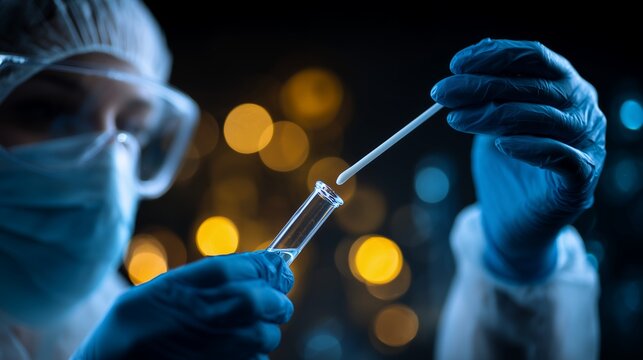 Scientist in PPE mask and gloves conducts diagnostic swab test analysis on a clear sample tube in a dark lab setting, concept for viral disease prevention, medical diagnostics and scientific discovery - Powered by Adobe