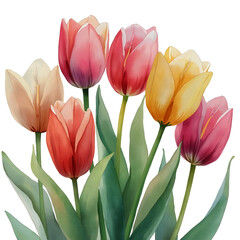 Watercolor tulips on a transparent background.