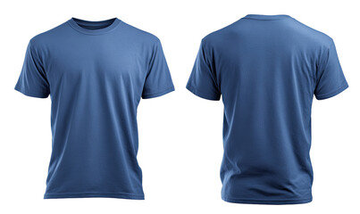 Front and back view of a plain, slate blue t-shirt