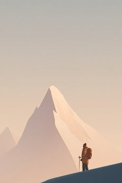 Escursionista solitario che contempla una maestosa vetta innevata enfatizzando un senso di solitudine e contemplazione.