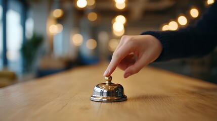 Close-up of customer's hand ringing a metal service bell on a bright wooden desk with warm bokeh background, concept for immediate attention, service request and hospitality industry support