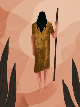 Sagoma di un viandante biblico che cammina nel deserto con in mano un bastone da viaggio