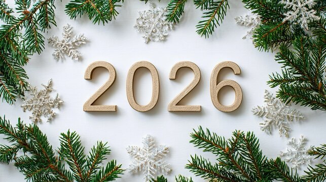 Scritta "2026", incorniciata da rami di abete verde e fiocchi di neve artificiali, evocando un'atmosfera natalizia e di Capodanno.