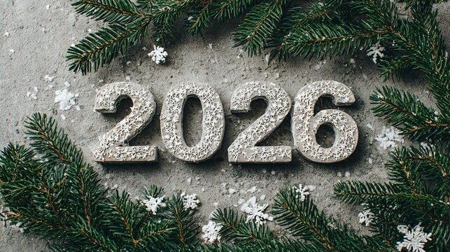 Scritta "2026", incorniciata da rami di abete verde e fiocchi di neve artificiali, evocando un'atmosfera natalizia e di Capodanno.