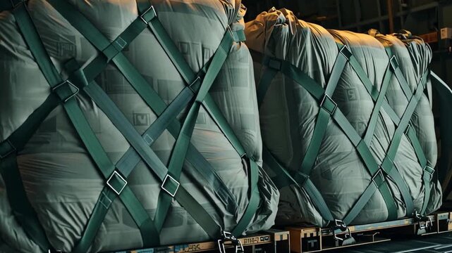 Large cargo pallets moving on a roller system out of a military transport airplane's open ramp, preparing for humanitarian aid delivery or troop supply during a logistics operation at an airfield