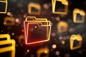 Glowing futuristic folder icons with red neon edges floating over a dark cyberspace background, concept for data security, digital storage and cloud computing solutions