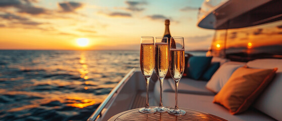 Three glasses of champagne on a yacht at sunset over the sea create a luxurious setting, ideal for the backdrop of an advertisement for travel or luxury holidays.